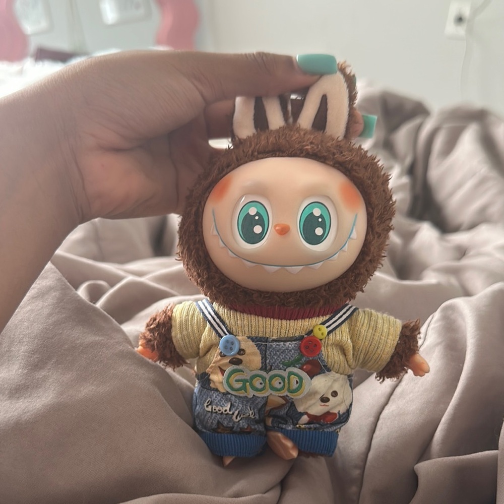 Cute Brown Monster Doll with Overalls